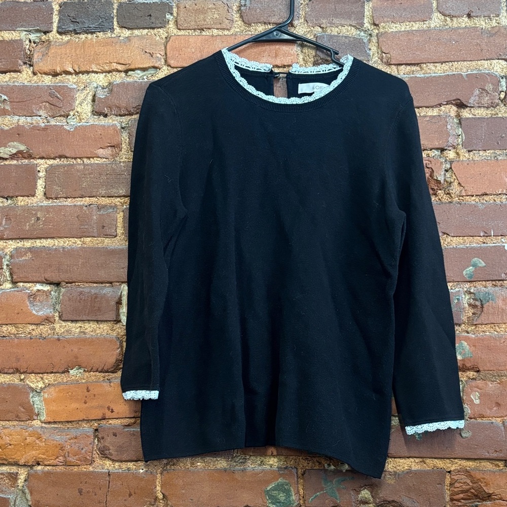 Loft Delicate Lace Trim Black‎ Cotton Rayon Blend Sweater Size Medium